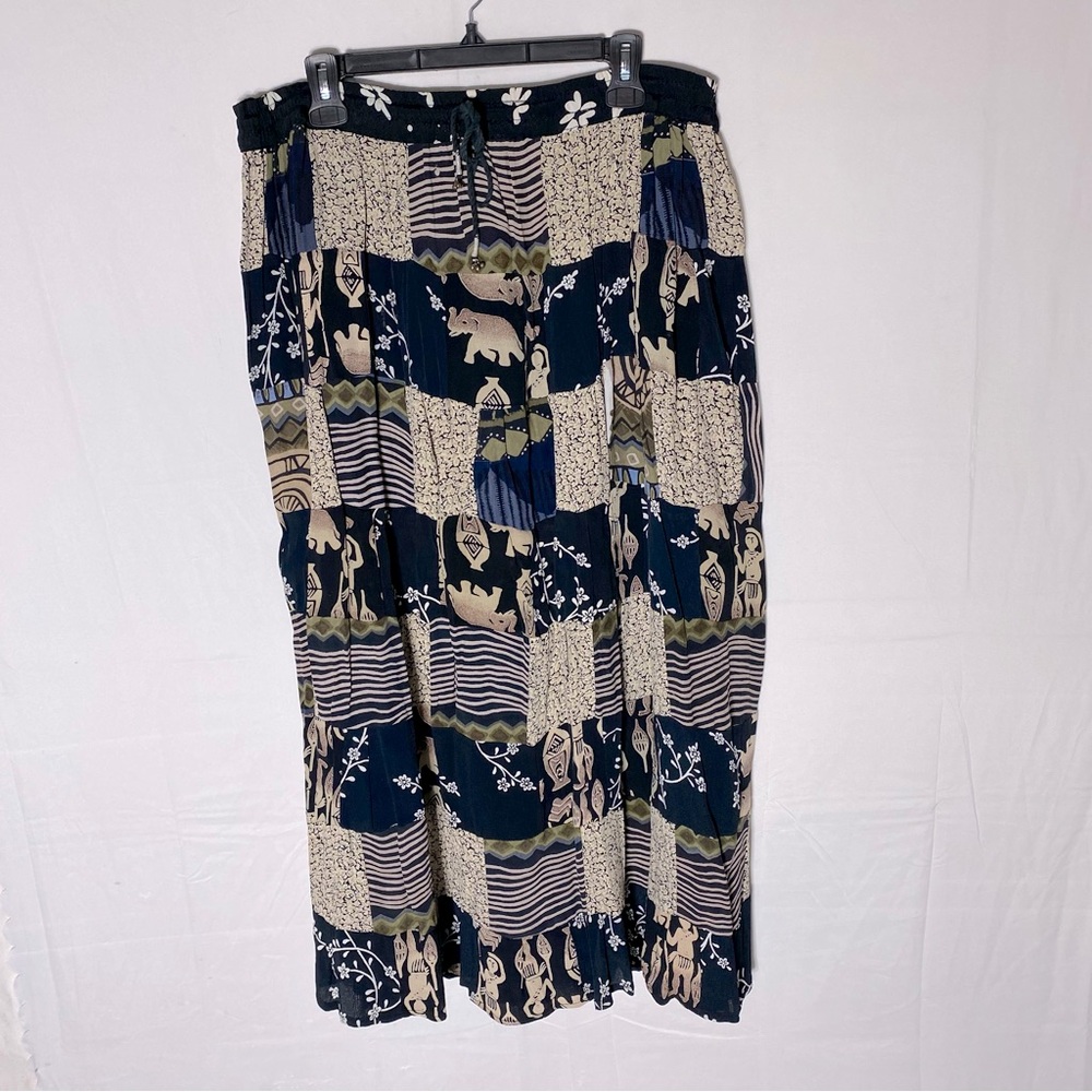 Vintage 90s Just Cruising Black Cream Tan Multi Print Broomstick Skirt XL Boho